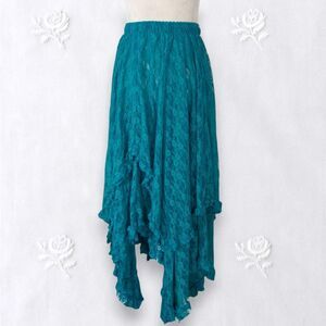 Vivimos Teal Blue Witchy Whimsygoth Sheer Lace Asymmetric Ruffle Midi Skirt S